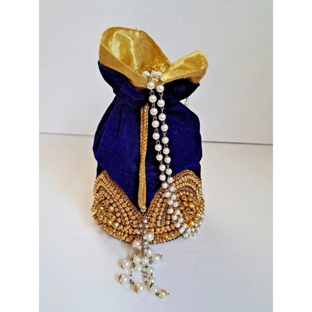 Royal Blue Velvet Potli Bag Gold Beadwork Pearl Handle Ethnic Wedding Clutch